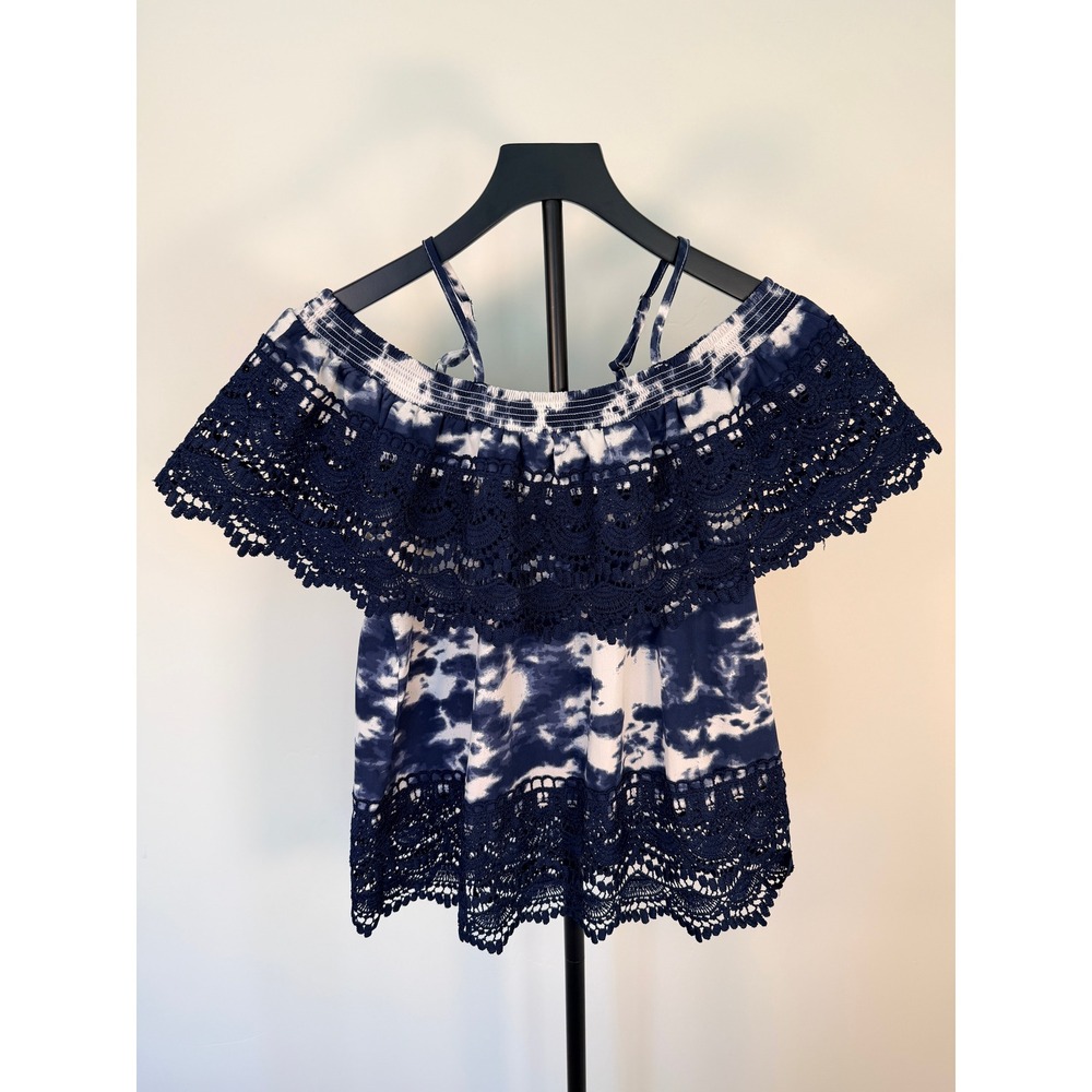 No Boundaries Blue Tie Dye Cold Shoulder Crochet Lace Trim Boho Top Large 11-13